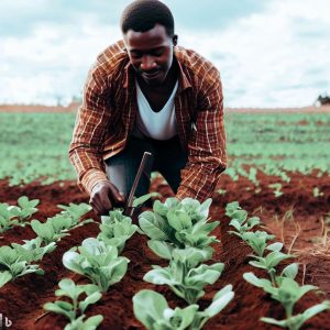 A Kenyan Farmer caring for his cabbage farm