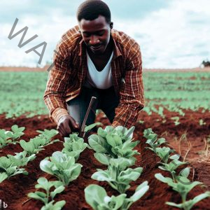 A Kenyan Farmer caring for his cabbage farm